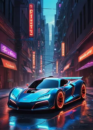 Lightning McQueen AI, futuristic robot, shiny metallic body, sleek lines, neon blue stripes, glowing headlights, advanced AI system, autonomous racing car, speedster wheels, turbo boosters, high-tech 