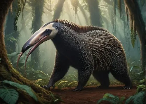 Megalomorpha, giant anteater, standing upright, long snout, furrowed eyebrows, shaggy fur, claws extended, eating ants, forest floor, dense underbrush, vines entwined trees, misty atmosphere, warm lig