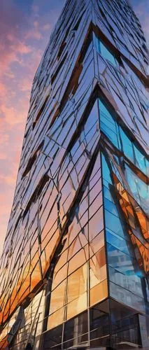 Sautter architecture, modern building, glass facade, steel structure, angular lines, geometric shapes, sleek design, urban setting, cityscape, skyscraper background, sunset lighting, warm glow, shallo