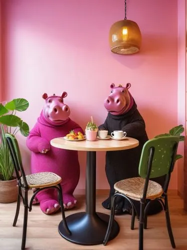 Pink Hippo Cafe, indoor scene, bright pink walls, cute cartoon hippo decorations, wooden tables, white chairs, glass windows, morning sunlight, soft warm lighting, steam rising from coffee cups, delic