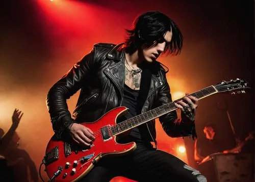 Rock musician, male, solo, (25yo), aggressive facial expression, black hair, tattoos on arms, black leather jacket, ripped jeans, heavy boots, holding guitar, playing aggressively, dimly lit stage, re