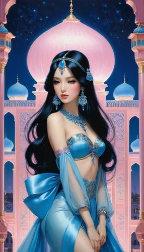 anarkali,rem in arabian nights,jasmine,sheherazade,jasmine blue,scheherazade,Illustration,Realistic Fantasy,Realistic Fantasy 08