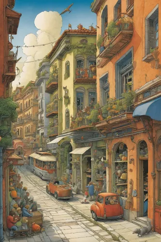 Compose a thrilling story set in the bustling world of Gazzetta Gr.,watercolor shops,spa town,souk,marketplace,street scene,watercolor tea shop,tuscan,alpine village,rustico,shopping street,townscape,