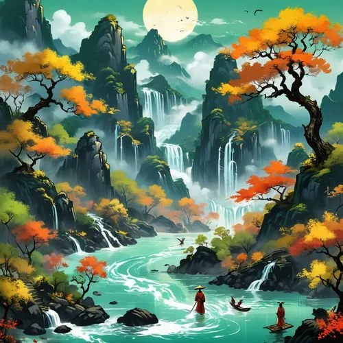 fantasy landscape,river landscape,waterfall,waterfalls,landscape background,world digital painting,ash falls,high landscape,mountain landscape,mountainous landscape,water fall,autumn mountains,nature landscape,water scape,water falls,karst landscape,an island far away landscape,canyon,forest landscape,shaoming,Unique,Design,Sticker