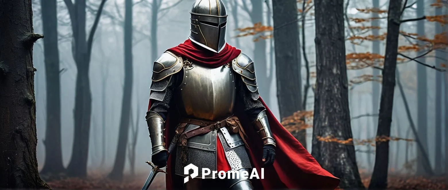 Realistic knight art, male, muscular, medieval armor, silver helmet, golden trim, red cape, leather gloves, broadsword, shield with crest, detailed metal texture, worn leather boots, standing heroical