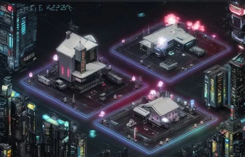 pixel cells,city blocks,black city,isometric,space port,cyberpunk,nightclub,apartment block,tokyo city,high-rises,mixed-use,high rises,skyscraper town,cube background,busan night scene,tileable,city c