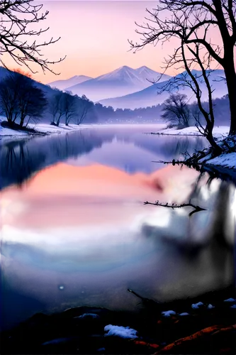 winter lake,winter landscape,evening lake,landscape background,tarn,purple landscape,mountainlake,foggy landscape,snow landscape,winter background,river landscape,ice landscape,frozen lake,world digital painting,waterscape,loch,mountain lake,stillness,japan landscape,waterbody,Illustration,Japanese style,Japanese Style 20