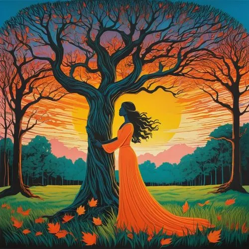 girl with tree,orange tree,tangerine tree,colorful tree of life,flourishing tree,the girl next to the tree,Art,Artistic Painting,Artistic Painting 22