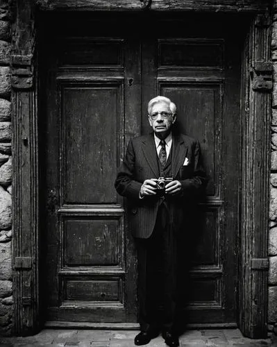 Alfred Koestler, intellectual, bespectacled, white hair, suit, tie, holding a vintage camera, standing in front of a massive wooden door, old-fashioned keys hanging from the wall, dimly lit corridor, 