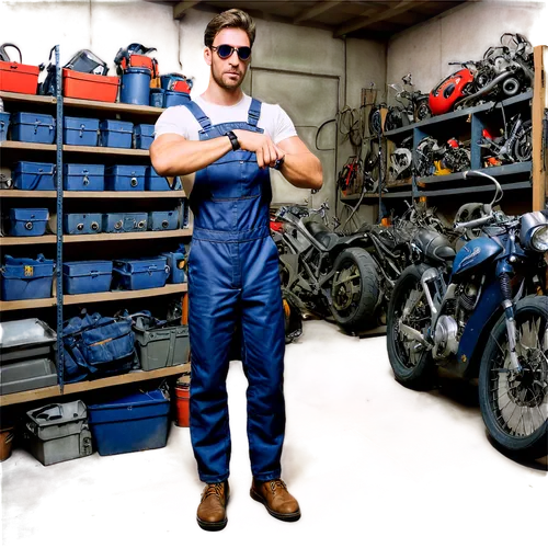 warehouseman,mechanic,coveralls,tool belt,garage,car mechanic,coverall,toolbox,handyman,tradesman,overalls,motorrad,gas welder,motorcycle battery,cyclery,toolshed,auto repair shop,wrenches,workgear,husqvarna,Illustration,Paper based,Paper Based 14