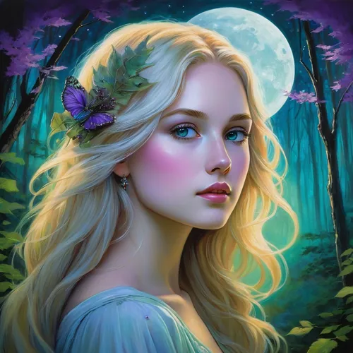 fantasy portrait,jessamine,rapunzel,elsa,faerie,fairy tale character,fairy queen,mystical portrait of a girl,faery,romantic portrait,fantasy art,fantasy picture,fae,world digital painting,enchanting,digital painting,rosa 'the fairy,blue moon rose,portrait background,fairy,Illustration,Realistic Fantasy,Realistic Fantasy 16