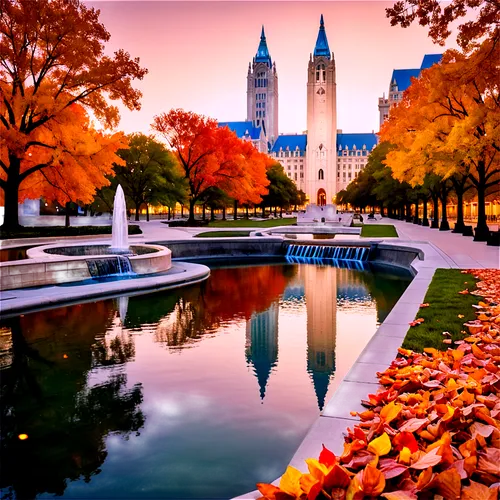 Kansas City, Missouri, USA, American heartland, urban landscape, skyscrapers, city hall, fountains, Union Station, National World War I Museum, Liberty Memorial, autumn leaves, vibrant sunset, soft go