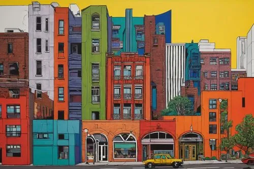 colorful city,harlem,colorful facade,pop art colors,cool pop art,popart,rowhouses,modern pop art,weisman,row houses,feitelson,callowhill,urban landscape,nolita,urbanism,tenements,city scape,three primary colors,bowery,newyork,Illustration,American Style,American Style 03