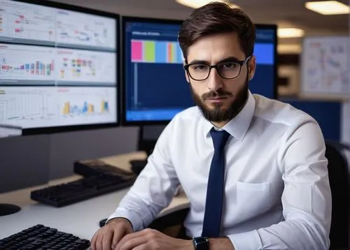 Modern database administrator, male, 30s, glasses, short brown hair, beard, white shirt, black tie, dark blue trousers, sitting, database architecture blueprint, computer screen, multiple monitors, ke