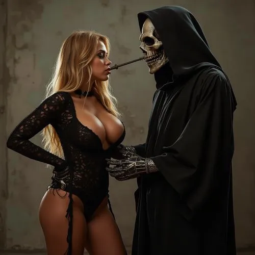 Beautiful hot Blonde women with massive boobs in a skin tight Halloween outfit that shows tons of skin legs spread as she bites her bottom lip in a seductive way as reaper stands in front of her ready