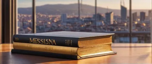 Modern architecture book, hardcover, leather-bound spine, golden font title, lying open on a wooden desk, morning light streaming through a large glass window, background blurred with a cityscape, sky