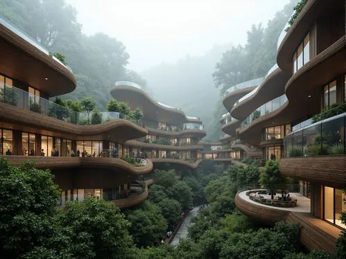 treehouses,ecotopia,futuristic architecture,futuristic landscape,balconies,hanging houses,apartment complex,fallingwater,terraformed,tree house hotel,rivendell,apartment block,cube stilt houses,sky apartment,apartment building,3d rendering,greenforest,rooves,shaoming,hushan