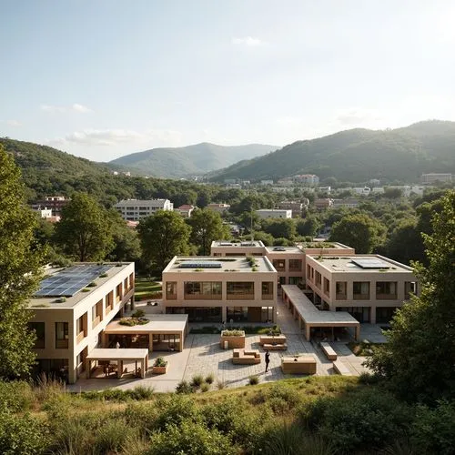 Rural landscape, rolling hills, local vegetation, eco-friendly youth center, vernacular architecture, natural materials, earthy tones, wooden accents, solar panels, green roofs, rainwater harvesting s