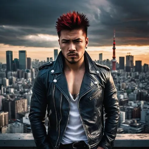 Red Rising Cassius, handsome muscular man, 30yo, short red spiky hair, sharp facial features, intense gaze, silver earrings, black leather jacket, white shirt, dark blue ripped jeans, heavy combat boo