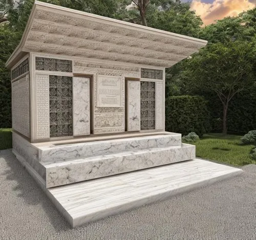 realistic image, photorealistic image, natural stone, marble tumbled, blasting stone,,a small wooden structure with steps next to trees,mausoleum,tomb of unknown soldier,tomb of the unknown soldier,co