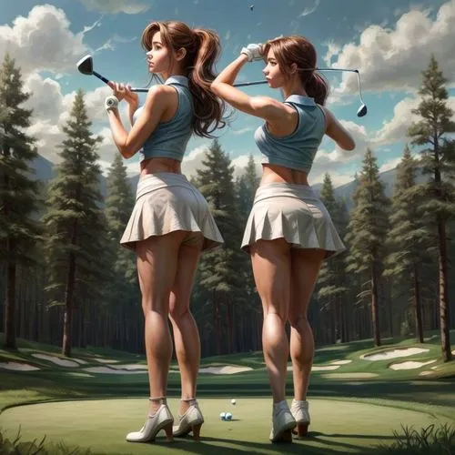 realistic beautiful girl, oval face shape, brown long hair, s-shape eyebrow, almond eyes, blue eyes, heart shaped lips, triangle body shape, (full body show), masterpiece. playing Golf, open chest,,go