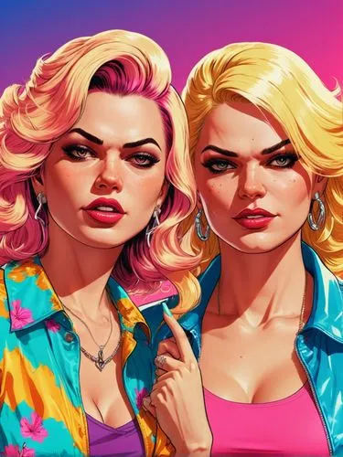 Two women who are fond of each other.,two women in colorful shirts one is pointing her finger,retro women,riverdale,game illustration,bad girls,modern pop art,gta,Illustration,Vector,Vector 19