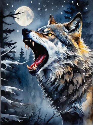 feral wolf, solo, full moon night, bloody mouth, sharp teeth, glowing yellow eyes, messy grey fur, snowflakes gently falling, dark forest background, misty atmosphere, cinematic composition, horror mo