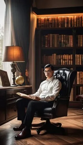 luxurious study room, mature man, bespectacled, short black hair, white shirt, black trousers, leather armchair, oak wood desk, bookshelves, world map, globe, floor lamp, dim lighting, warm color tone