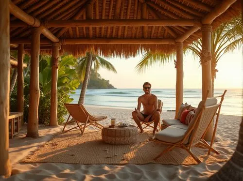 Beachside villa, bamboo material, tropical atmosphere, palm trees, sandy beach, calm ocean waves, sunset time, warm golden light, gentle breeze, driftwood furniture, woven bamboo chairs, natural fiber