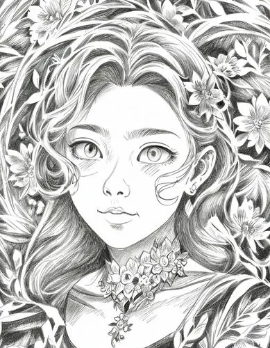 rose flower illustration,white rose snow queen,girl in flowers,girl in a wreath,rose flower drawing,flower girl,filigree,doily,jasmine blossom,flower line art,flora,the snow queen,rosa 'the fairy,dryad,eglantine,zinnia,elven flower,fantasy portrait,rosa ' the fairy,coloring page,Design Sketch,Design Sketch,Character Sketch