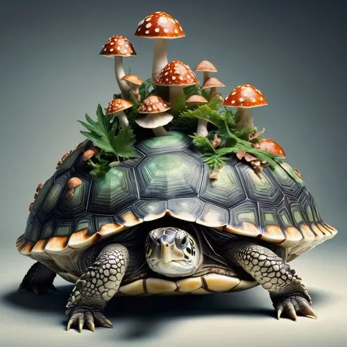 Tartaruga com cogumelos na carapaça, imagem surrealista de alta resolução,turtle tower,stacked turtles,turtletaub,tortoise,tortoises,terrapin,terrapins,land turtle,turtle,metazoan,tortuga,tortue,testu