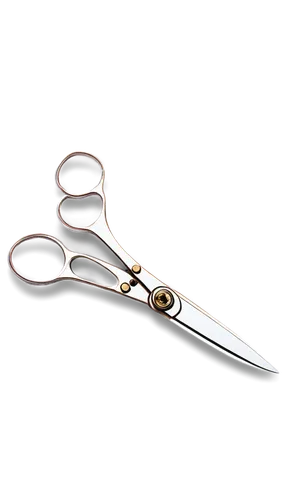 Transparent scissors, metallic sheen, sharp blades, curved handles, golden rivets, detailed bolts, glossy surface, reflection highlights, shallow depth of field, soft focus, warm lighting, 3/4 composi