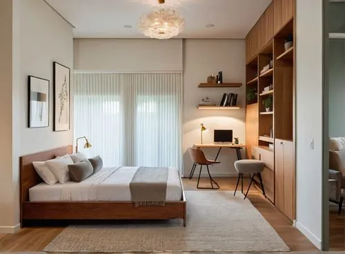 
Interior,wooden bed side view gender-neutral nursery, light tones, wooden wardrobe, wooden office desk, MacBook on the office desk, desk lamp on the office desk, chair, single bed, throw blanket, cus