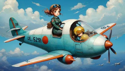 SuperDeformed Anime Egg airplane with pilot in  pose as a pin-up for full heigt photo as gorgeous pilot, book art ,poster art ,Moebius ,Studio Ghibli , pastels , watercolor ,fantastical , futuristic ,