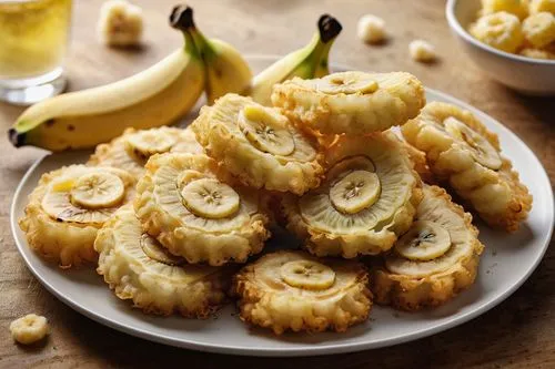 A plate of tempura banana slices,A plate of tempura banana slices,dried bananas,dried lemon slices,palmiers,pineapple sprocket,baklava,coconut rolls,Photography,General,Commercial