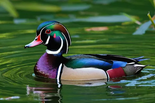 A wood duck swims in green grassy waters. The Wood Duck or Carolina Duck is a species of perching duck found in North America. It is one of the most colorful North American waterfowl.<br />,wood duck,