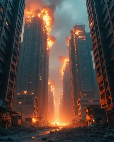 Post apocalyptic world skyscrapers with holes and fires bellowing out of them in a war zone ,end of the world,city in flames,destroyed city,apocalyptic,cloverfield,post-apocalyptic landscape,apocalyps