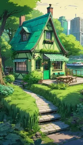 studio ghibli,teahouse,little house,house in the forest,ghibli,summer cottage,Illustration,Japanese style,Japanese Style 03