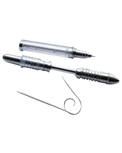 Medical syringe, transparent PNG, close-up, detailed texture, metallic material, silver color, cylinder shape, needle tip, plunger handle, shiny surface, soft focus, 3/4 composition, studio lighting, 