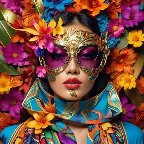 Fashion Design, Super Model,a woman wearing a mask and flower headgear, and wearing a colorful scarf,masquerade,venetian mask,asian costume,mascarade,geisha girl,bodypaint,Photography,Artistic Photogr