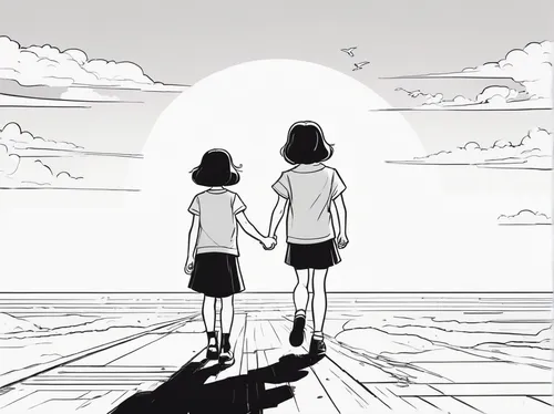 hold hands,holding hands,hand in hand,beach walk,little girls walking,world end,see you again,hands holding,passing,hiyayakko,crossing,the horizon,together,walk,shirakami-sanchi,couple silhouette,boardwalk,distance,atmosphere,walking,Illustration,Vector,Vector 11