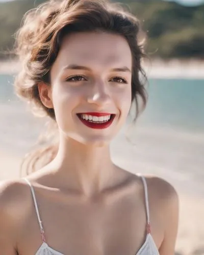 sonrisa,a girl's smile,beach background,acuvue,bondi,smiling,invisalign,natural cosmetic,grin,red lipstick,sourire,wallis day,clara,audrey,eleonora,seaside daisy,barbara,malibu,lili,beautiful young woman,Photography,Natural