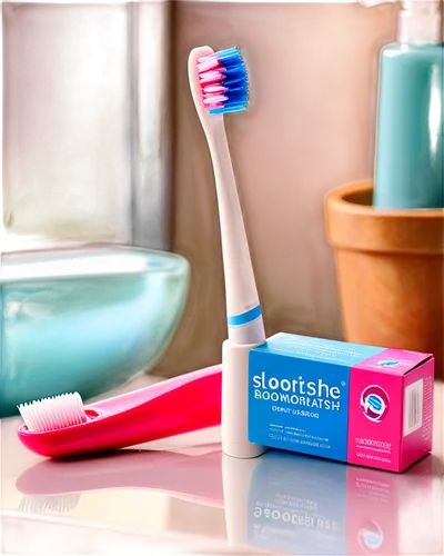 Toothbrush, white handle, soft bristles, pink bristle tips, ergonomic design, sitting on sink counter, morning light, shallow depth of field, warm color tone, close-up shot, macro photography, product