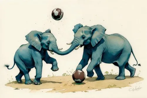 Some elephants playing football,Some elephants playing football,pachyderms,elephants,jumbos,cartoon elephants,mammoths,elephant camp,Illustration,Paper based,Paper Based 17