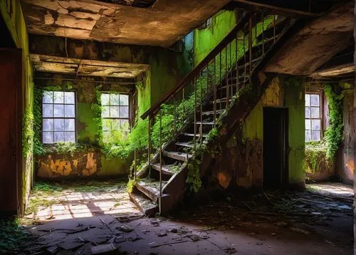 1968, retro-futuristic architecture, abandoned, ruined, crumbling concrete walls, rusty metal bars, broken glass windows, overgrown with vines, weeds, and moss, eerie ambiance, desolate atmosphere, di