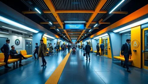 Vibrant urban metro station, modern architecture, sleek lines, metallic surfaces, bright LED lighting, bold color scheme, deep blues, energetic oranges, vibrant yellows, neutral whites, contrasting ac