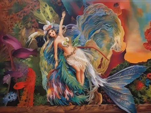 mermaid background,sirene,fairy world,faerie,vintage fairies,fantasia,fairyland,melusine,lachapelle,faery,fairy peacock,fairies,uvi,klarwein,water nymph,sirena,fantasy art,faires,fairy,amphitrite,Illustration,Paper based,Paper Based 04