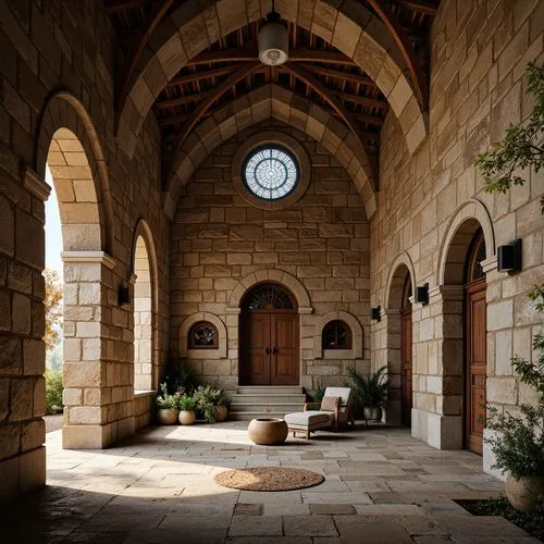 Rustic stone walls, weathered granite, rough-hewn limestone, ornate carvings, arched windows, rounded doorways, thick columns, vaulted ceilings, stained glass, intricate mosaics, warm earthy tones, na