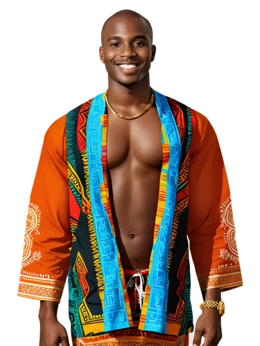 African man, strong facial features, dark skin, shaved head, thick eyebrows, bright white teeth, colorful dashiki clothing, golden necklaces, confident posture, standing with hands on hips, natural sc