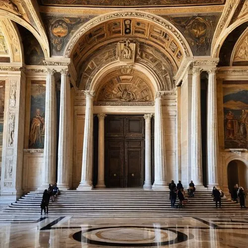 Italian fascist architecture, grandiose, monumental, marble columns, ornate sculptures, symmetrical facade, arches, imposing entrance, sweeping staircase, lavish chandeliers, frescoed ceilings, traver